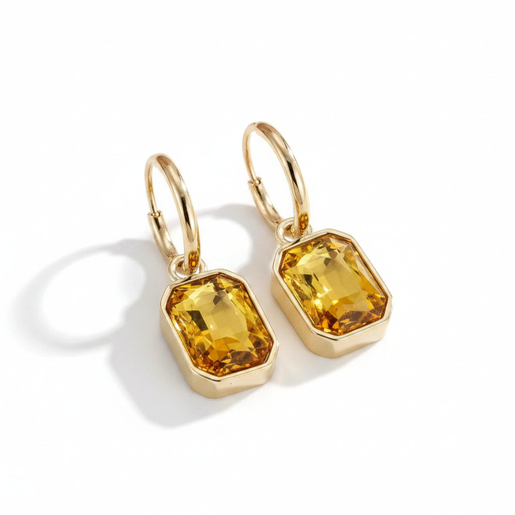 Sophisticated French design hoop earrings with yellow rectangular pendant