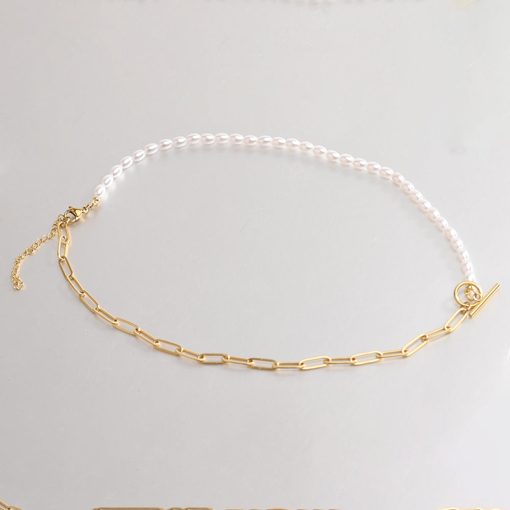 Paper clip chain and imitation pearl necklace