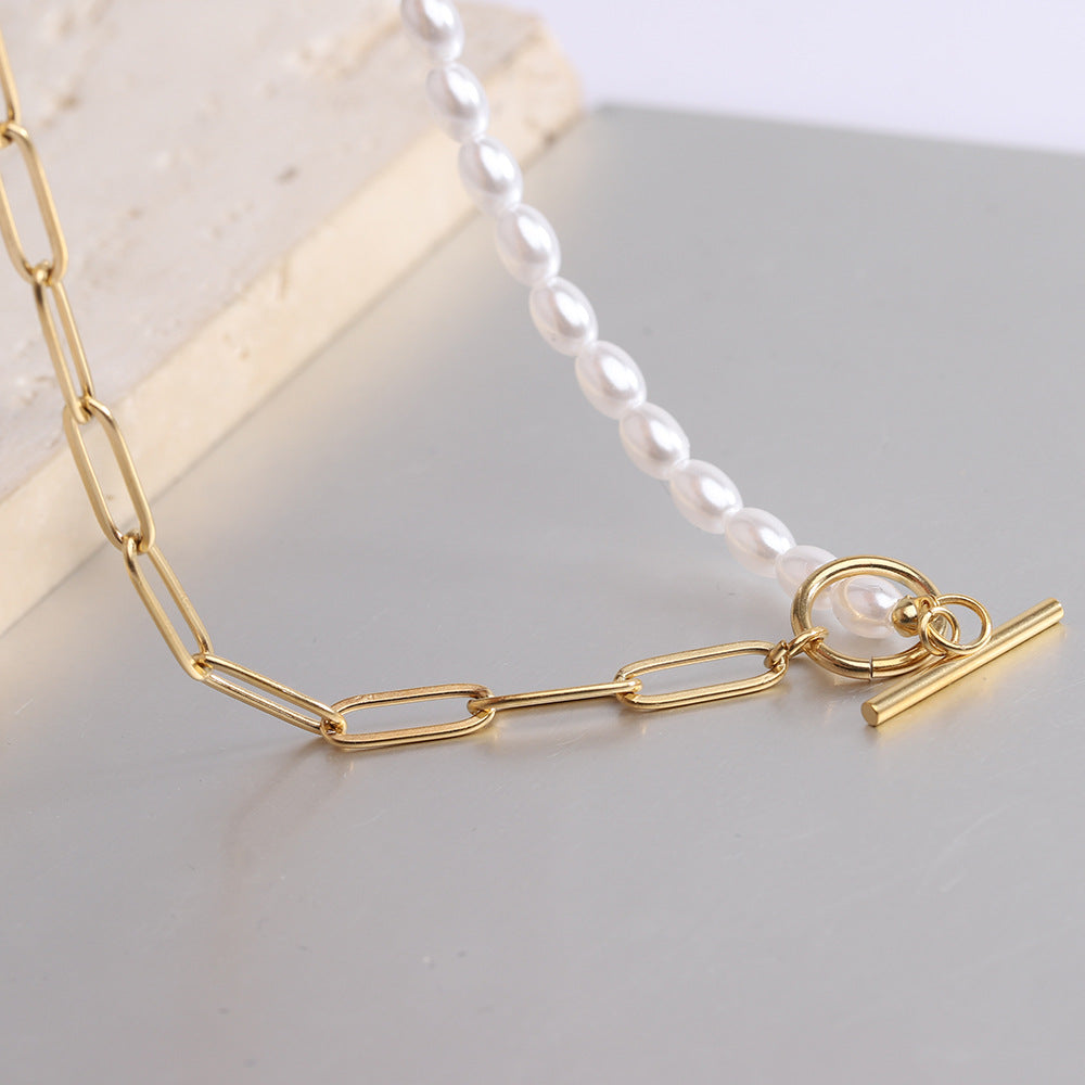 Paper clip chain and imitation pearl necklace