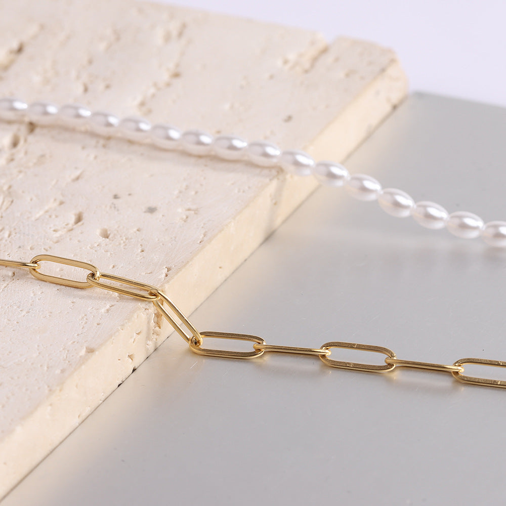 Paper clip chain and imitation pearl necklace