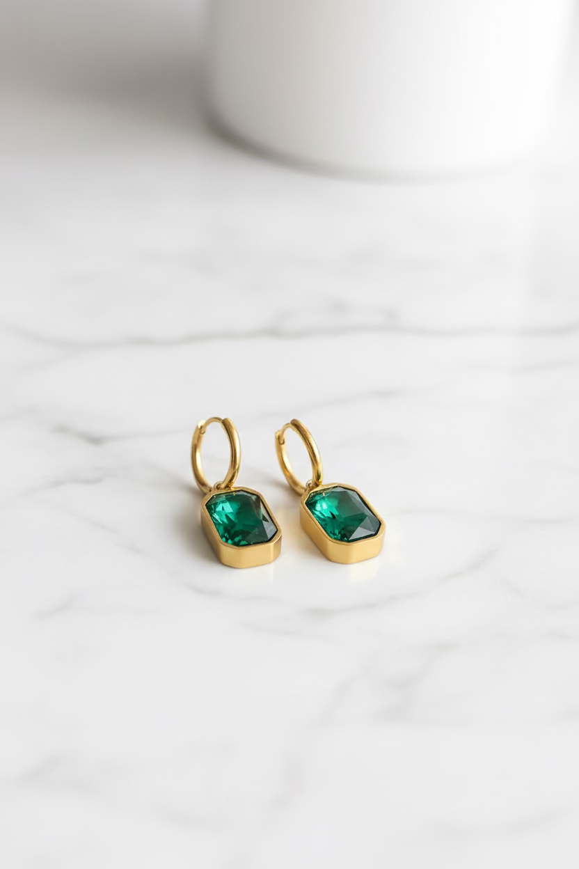 Sophisticated French design hoop earrings with green rectangular pendant