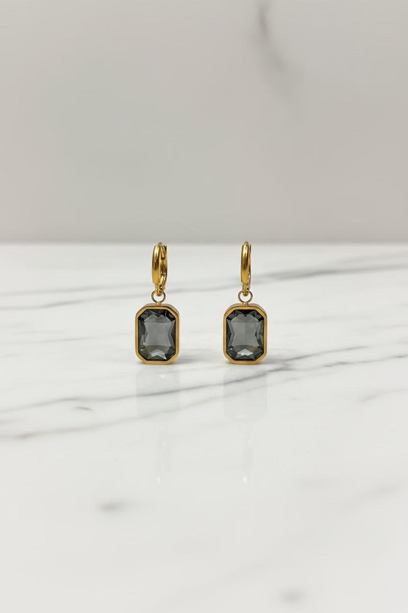 Sophisticated French design hoop earrings with grey rectangular pendant