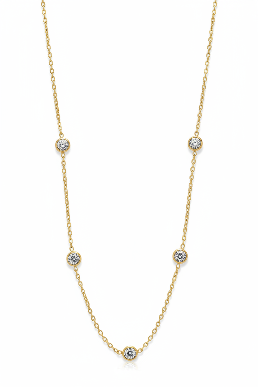 Delicate necklace with five circular encased Zirconia stones.