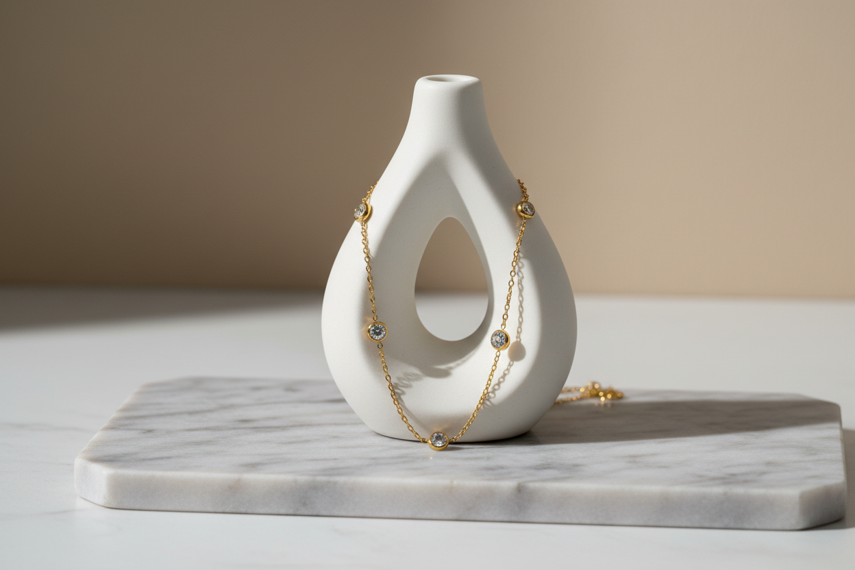 Delicate necklace with five circular encased Zirconia stones.
