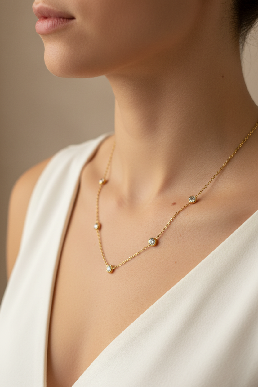 Delicate necklace with five circular encased Zirconia stones.