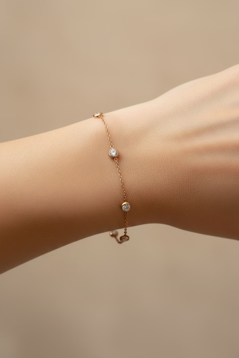 Delicate Geometric bracelet with six circular encased Zirconia stones