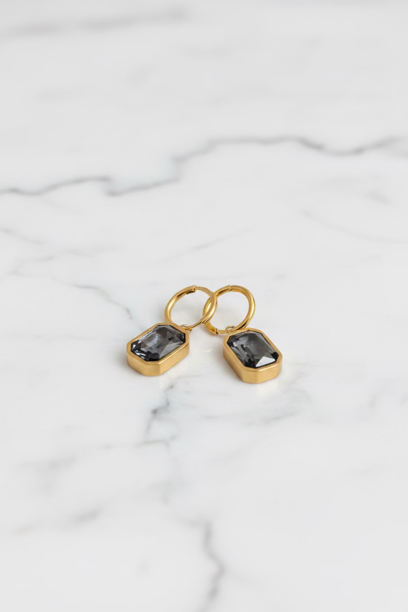 Sophisticated French design hoop earrings with grey rectangular pendant