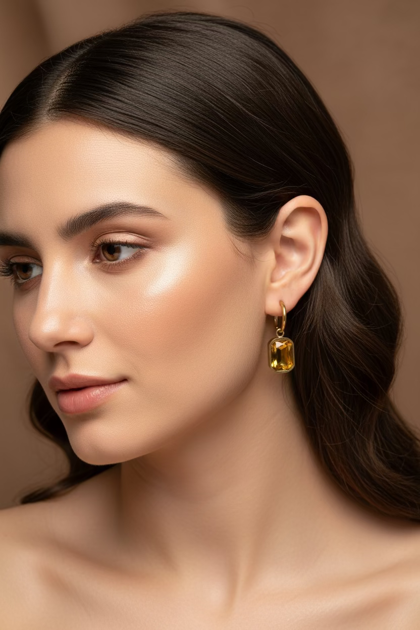 Sophisticated French design hoop earrings with yellow rectangular pendant