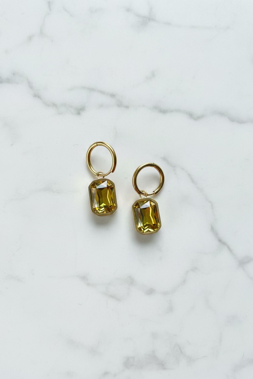 Sophisticated French design hoop earrings with yellow rectangular pendant