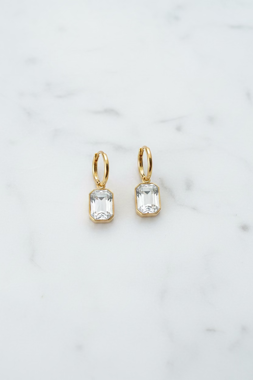 Sophisticated French design hoop earrings with white rectangular pendant