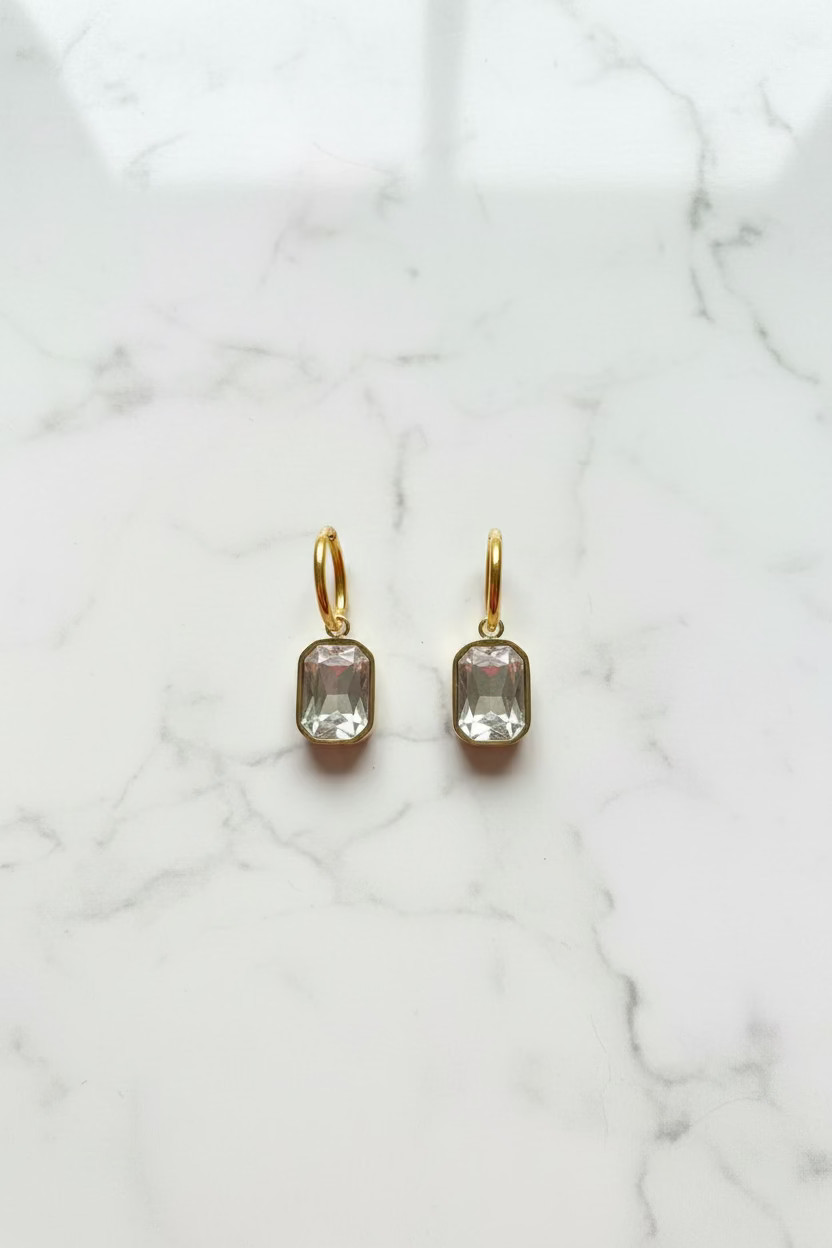 Sophisticated French design hoop earrings with white rectangular pendant