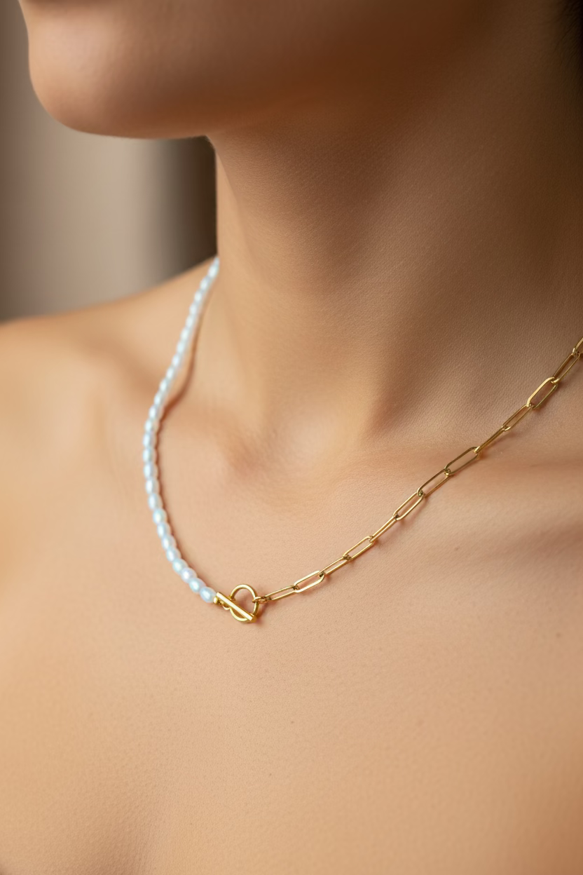 Paper clip chain and imitation pearl necklace