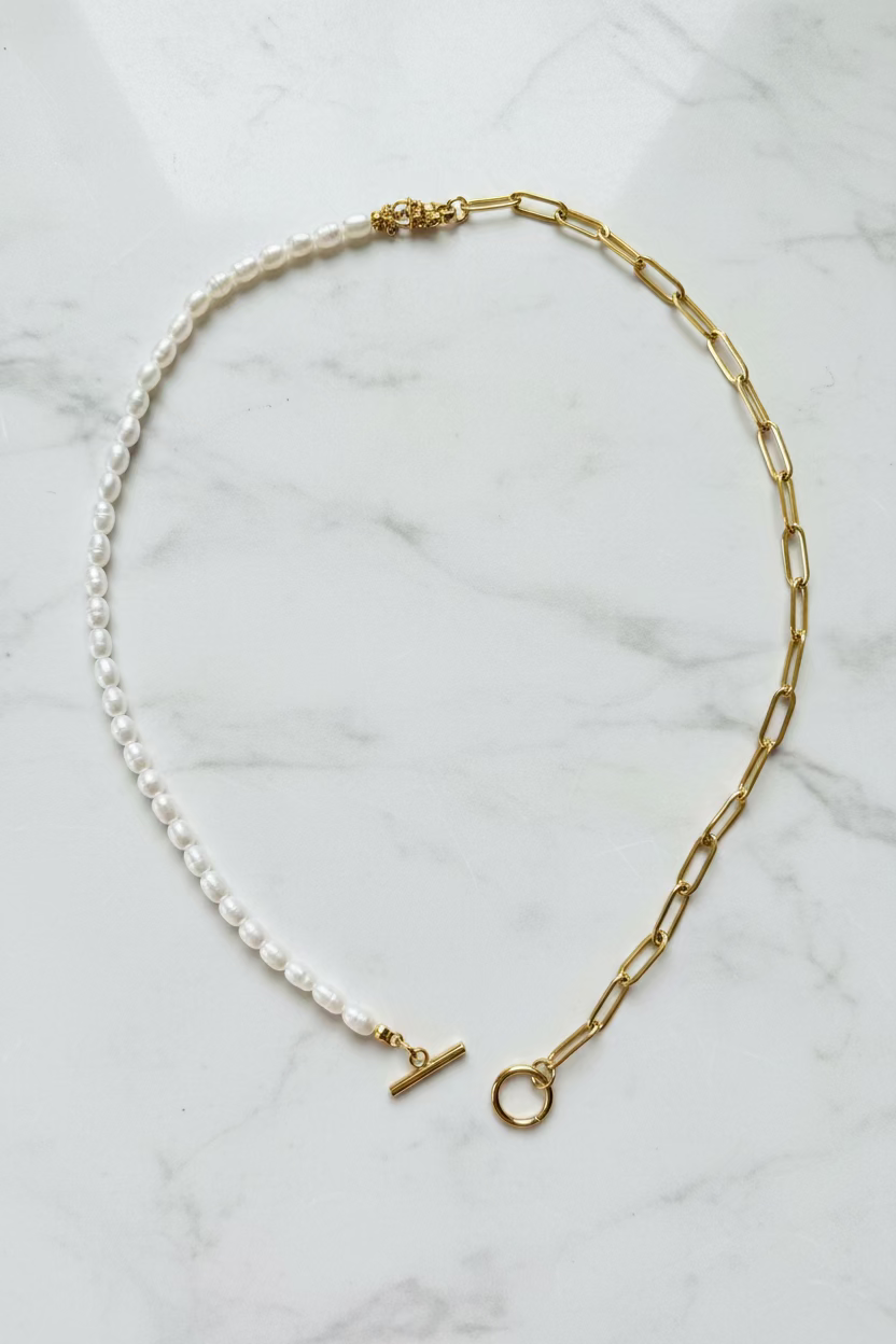 Paper clip chain and imitation pearl necklace
