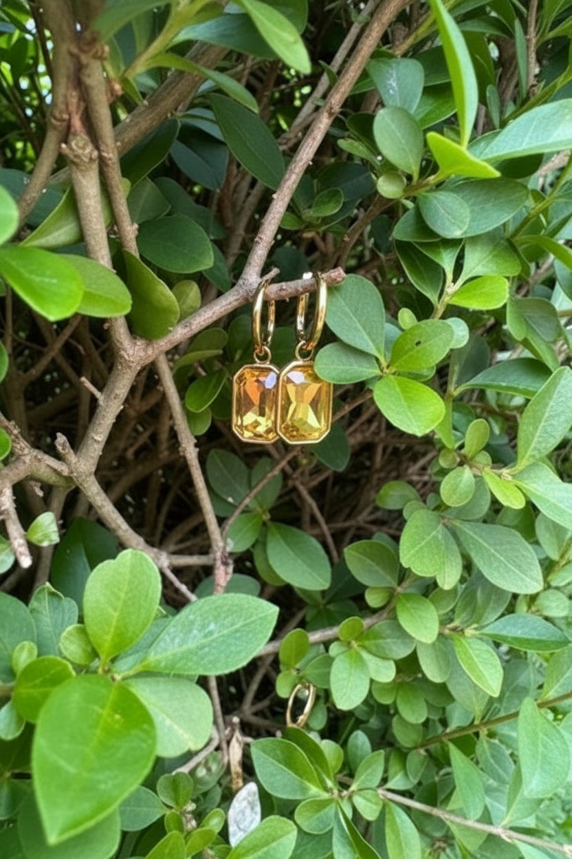 Sophisticated French design hoop earrings with yellow rectangular pendant