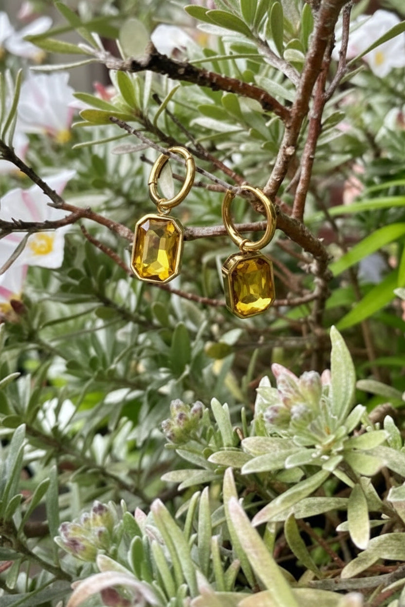Sophisticated French design hoop earrings with yellow rectangular pendant