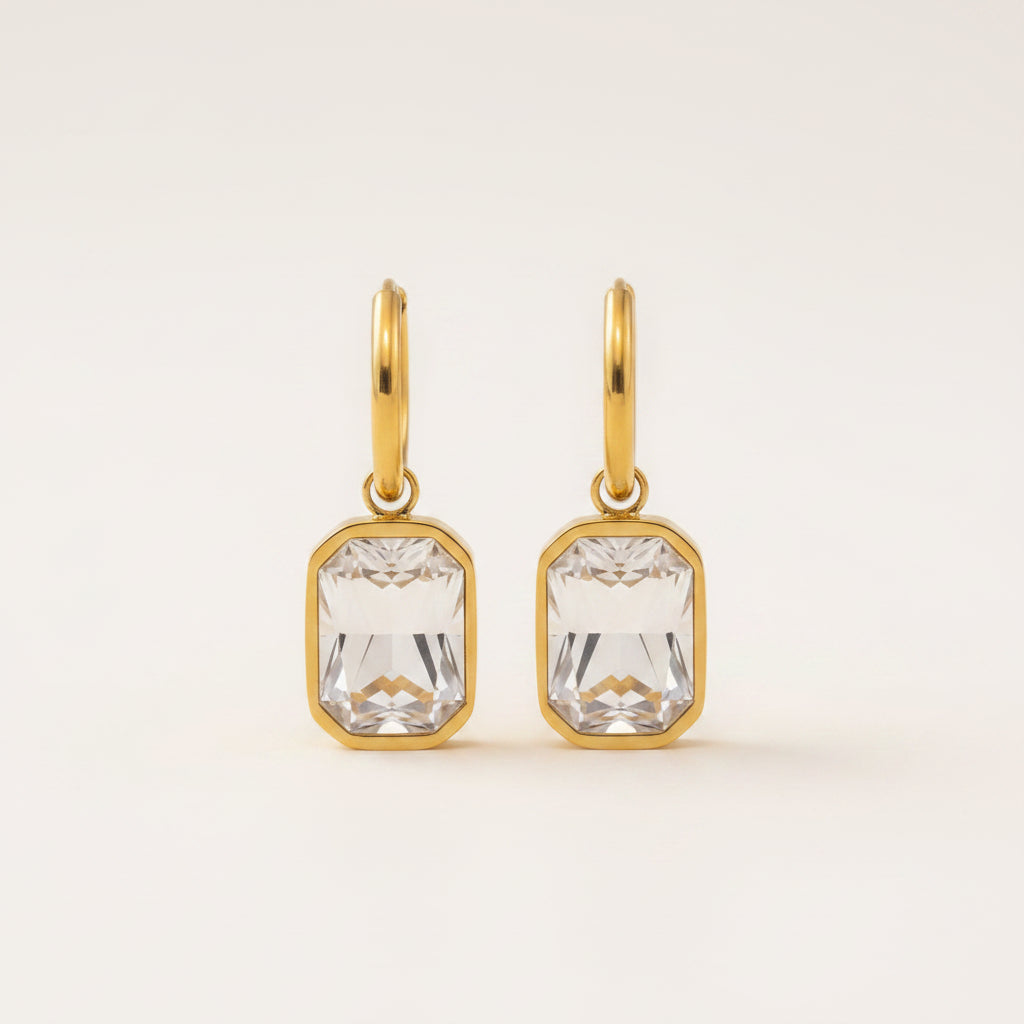 Sophisticated French design hoop earrings with white rectangular pendant