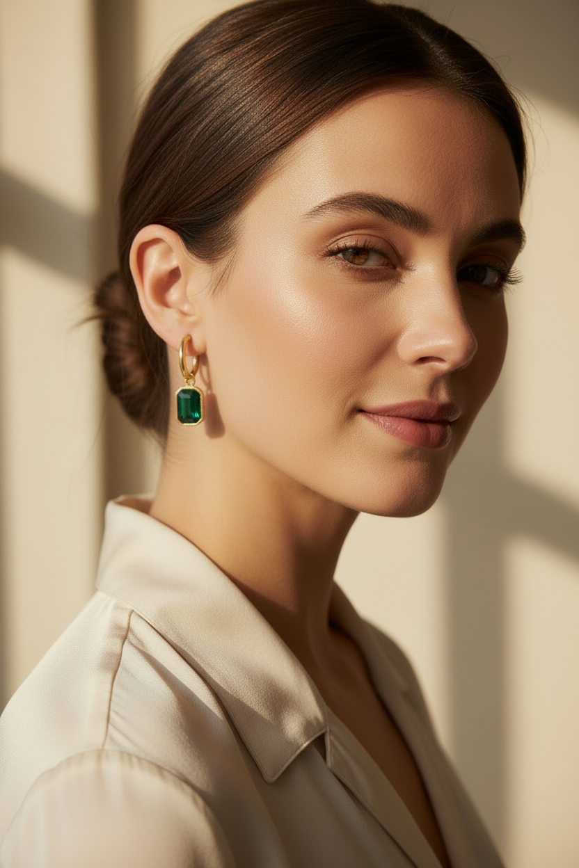 Sophisticated French design hoop earrings with green rectangular pendant