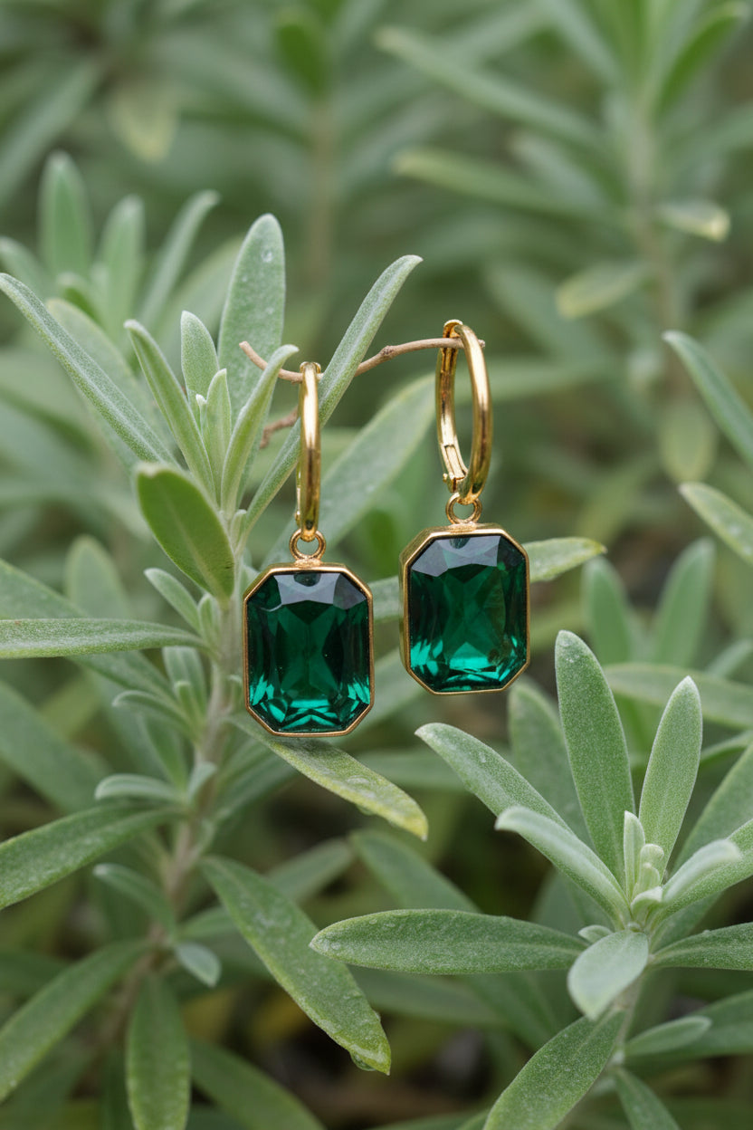 Sophisticated French design hoop earrings with green rectangular pendant