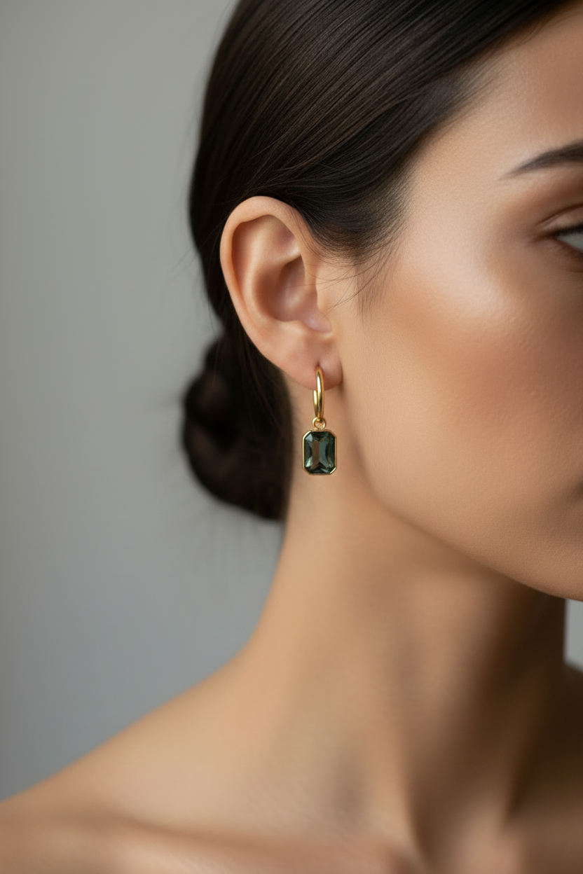 Sophisticated French design hoop earrings with grey rectangular pendant