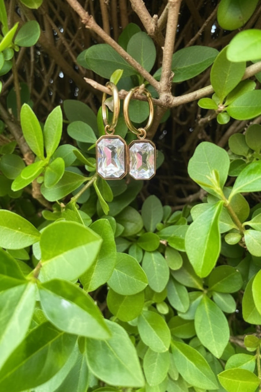 Sophisticated French design hoop earrings with white rectangular pendant